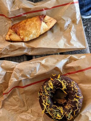 Raspberry croissant and a donut at Racines in Lausanne