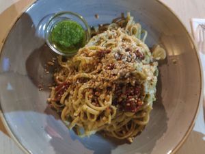 Pasta with pesto, dry tomato, garlic and nuts at Tuká Tulá in Sao Miguel