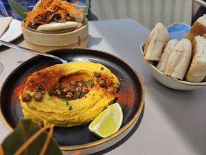 Carrot Hummus with roasted Chickpeas and Bread at Tuká Tulá in Sao Miguel