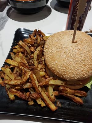 Bean burger with fries at Copper Branch in Nice
