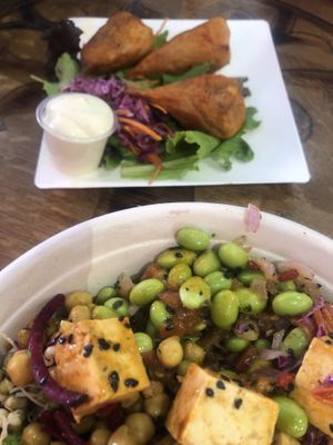 Asian fusion bowl and soy buffalo wings at Copper Branch in Nice