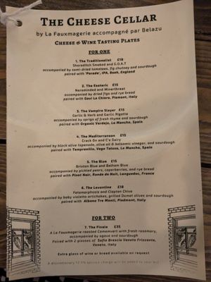 Menu at La Fauxmagerie in North West London