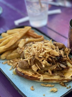 Brat on pretzel bun   at 4th Street Fillin Station in Cocoa Beach