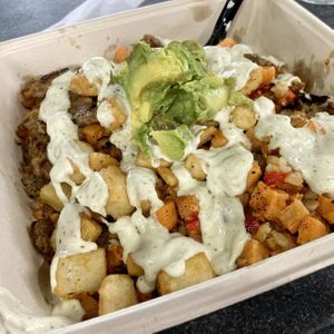 Sweet Potato Hash, vegan item on the breakfast menu .  at 4th Street Fillin Station in Cocoa Beach