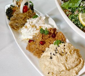 Veg Appetiser Platter- come in 5 chef recommended appetisers. We had 5 kind of spread including spinach, hummus and yoghurt. Perfect to go with pita bread! Loving this! at Shabestan in Central Singapore
