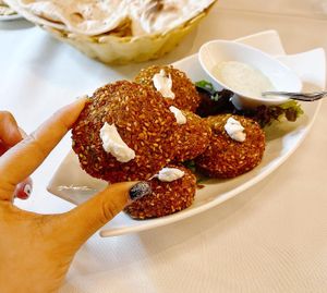 Vegan Falafel- fried dumplings of chickpeas and they are soooo good. A must order reco from me! at Shabestan in Central Singapore