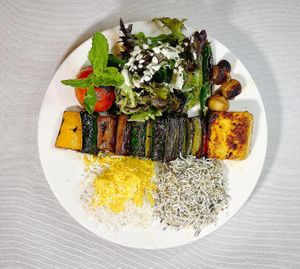 Veg Sabzi Kebab - grilled veges kebab marinated with chef special recipe and served with homemade cottage cheese - love the greeeens la! The rice so flavourful. at Shabestan in Central Singapore