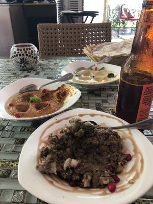 Hummus, muhammara, olive salad at Shabestan in Central Singapore