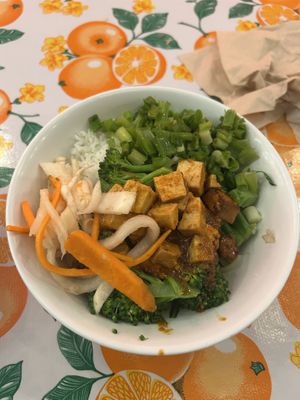 Sweet garlic tofu rice bowl  at Charlie Hong Kong in Santa Cruz