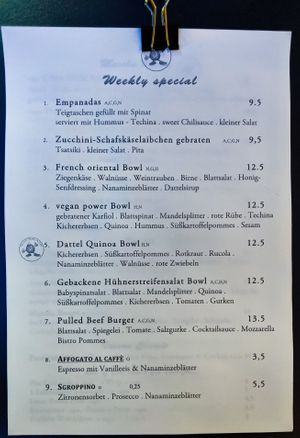 Weekly Special page of menu at Maschu Maschu at Maschu Maschu in Vienna