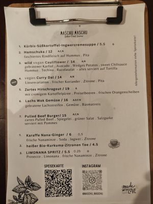 Menu at Maschu Maschu in Vienna