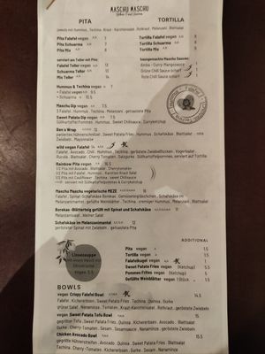 Menu at Maschu Maschu in Vienna