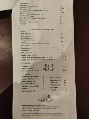 Menu at Maschu Maschu in Vienna