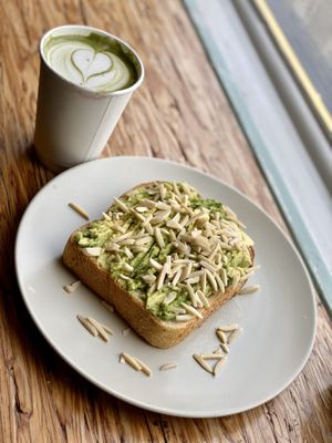 Matcha latte with avocado toast - on rosemary bread! Breakfast of champions!!! at Banana Dang in Oceanside