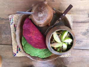 Setas al pastor taco w beet/maíz tortilla and sautéed spinach and onion taco with spinach/maíz tortilla + tasty salad with nuts.  at CocoFam in Puerto Escondido