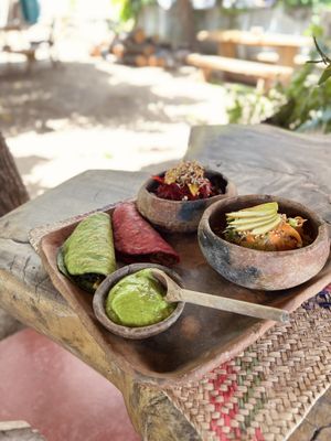 Taco Rosa and taco verde with included guacamole and salads  at CocoFam in Puerto Escondido