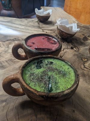 Cucumber juice, and Hibiscus juice. You can specify the level of sweetness. at CocoFam in Puerto Escondido