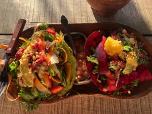 Rosa and verde taco types at CocoFam in Puerto Escondido
