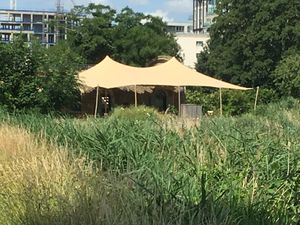 The Coal House Cafe with its summer awning - perfect shelter from the sun or rain... at The Coal House Cafe in North London
