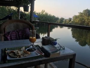 Olive tapenade appetizer and mango shake  at Kampot Cabana in Kampot