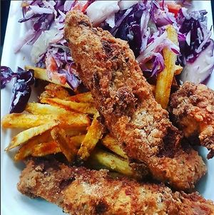 Seitan Chicken and Chips  at Vegan House in Bangor