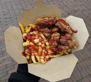 Fried "chicken" and fries! at Vegan House in Bangor