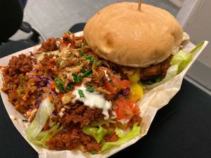 Burger and dirty fries  at Vegan House in Bangor