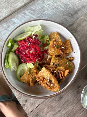 Really nice tempeh satay. Nice place to sit and enjoy the view    at Thai Zen Farm in Pai