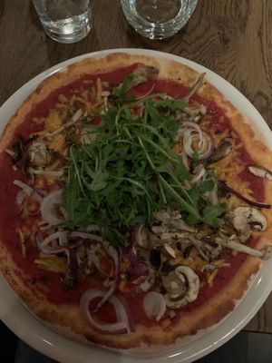 mushroom pizza with vegan cheese (that melts well!) at Woodstone in Alphen Aan Den Rijn