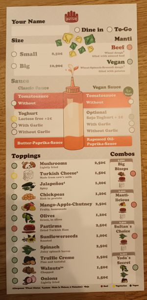 English menu 02/2023 p. 1/2 at Lezizel Manti - Türkische Teigtaschen in Koblenz