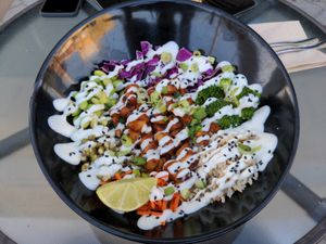 Gochujang tofu bowl on the patio. Delicious and very filling. at Copper Branch in Thornhill