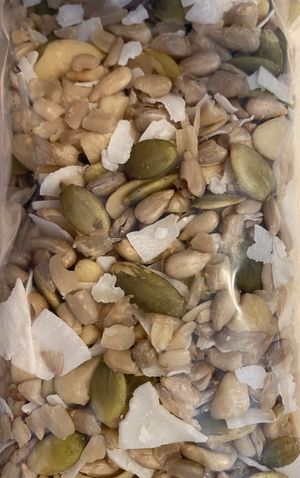 Sprouted Sunny, Pumpkin, Cashew, Coconut snack mix. Dehydrated, living food at Glacier Juice and Wellness in Kalispell