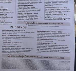 Two vegan-option puddings (banoffee choc tart, apple crumble) (menu: July 2024)  at The Gate Inn in Tamworth