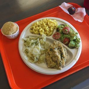 Vegan lunch- truffle avocado and tomatoes, vegan mac n cheese, ginger cabbage, and chickpea smash (like mashed potatoes but way better) and a cornbread muffin, with a dessert at PhatYuca in Atlanta