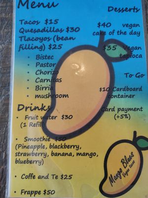 English Menu at Mango Blues in La Paz