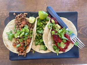 Bistec style on the left, veg in the middle and chorizo style on the right  at Mango Blues in La Paz