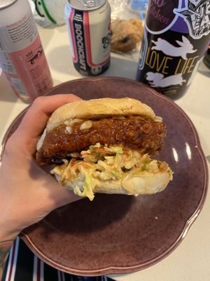The Staff Favorite - crispy honey chipotle chicken, coleslaw, onions and pickles at The Brave Bean in Fountain Valley