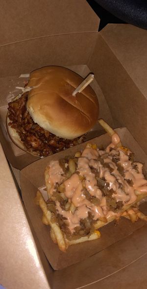 Jackfruit “pulled pork” burger and animal fry  at The Brave Bean in Fountain Valley