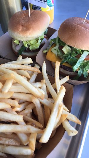 Black bean burger and buffalo chik burger with fries at The Brave Bean in Fountain Valley