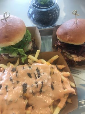 Pulled Porque, Chicken Bacon Ranch, Animal Lover Fries at The Brave Bean in Fountain Valley