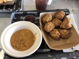 Nuggets with nacho cheese and BBQ at The Brave Bean in Fountain Valley