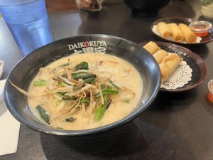 Vegan white creamy ramen with vegan spring rolls    at Daikokuya in Los Angeles