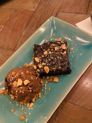 Chocolate brownie with vg choc ice cream at Bar Soba in Edinburgh
