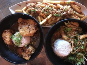 Katsu cauliflower, tofu chilli stir fry, Thai fries at Bar Soba in Edinburgh