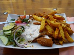 Döner plate with vegan kebab, fries, salad and vegan yoghurt dressing at Vöner der Vegetarische Döner in Berlin