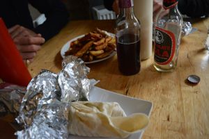 Voner Kebab with chips and a mate cola. at Vöner der Vegetarische Döner in Berlin