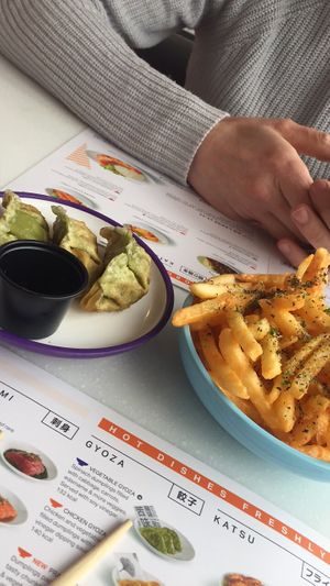 Chips, and vegetable gayoza  at YO! Sushi - Piccadilly Station in Manchester
