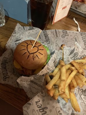 Big Bopper burger with fries at Bareburger - Court St. in New York City