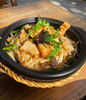 Flat rice noodles with seitan, tofu, and herbs  at Sunshine Vegan Restaurant in Berlin