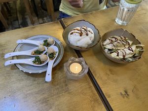 Some snacks (scallops, bao and fried dumplings)  at Sunshine Vegan Restaurant in Berlin